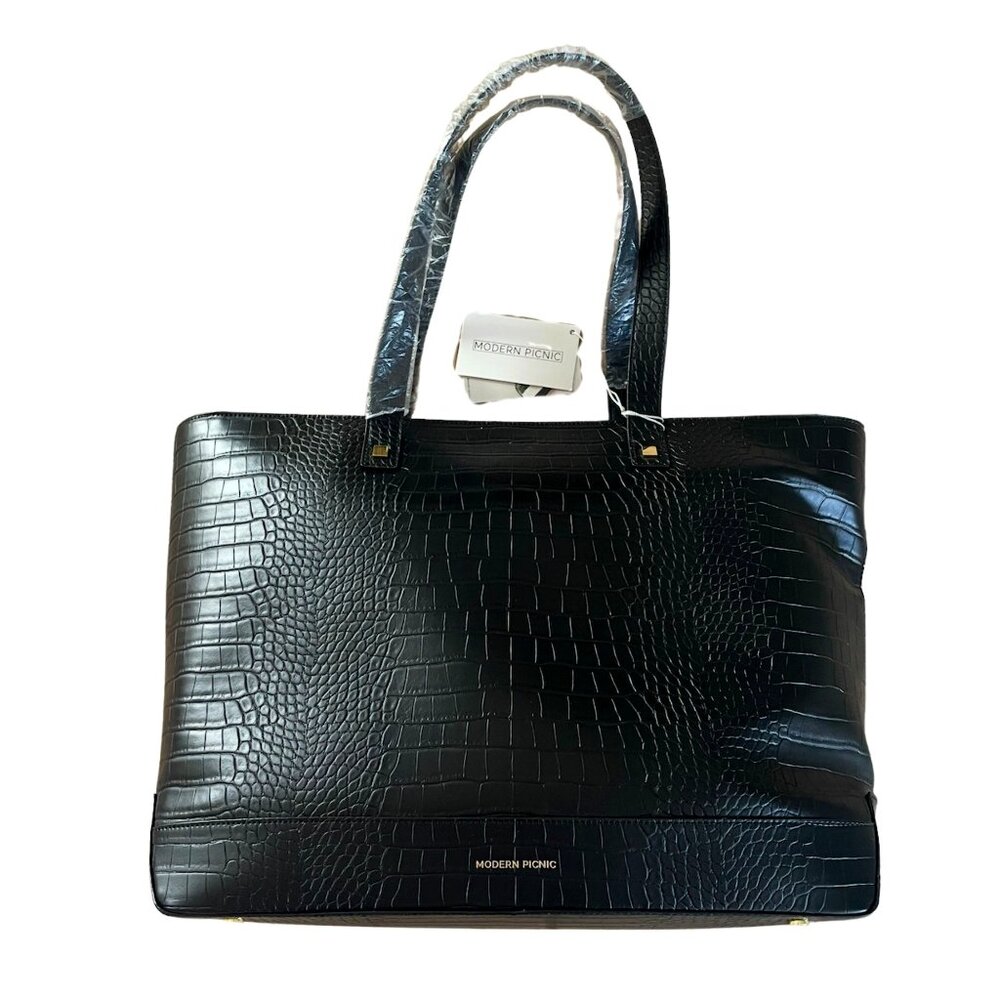 Modern Picnic Black Tote Hand Bag Vegan Leather with Lunch Box